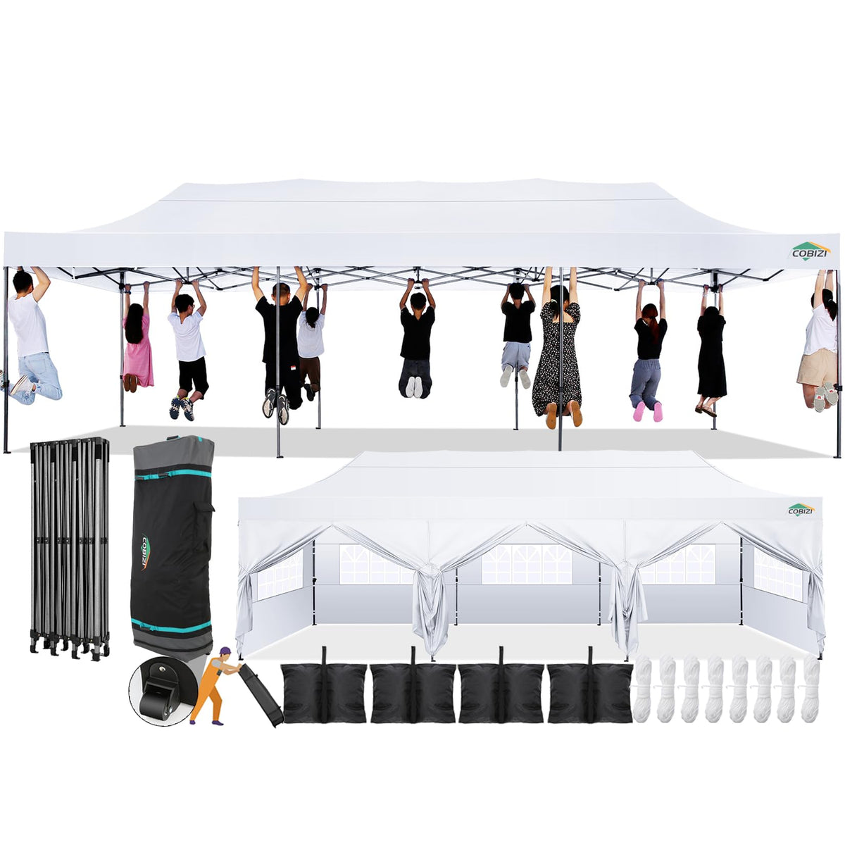COBIZI 10x30 Pop Up Canopy with 8 Sidewall,Heavy Duty UPF 50+ All Season Wind Waterproof Commercial Outdoor Wedding Party Tents for Parties Canopy Gazebo with Roller Bag(10 x 30 ft White)