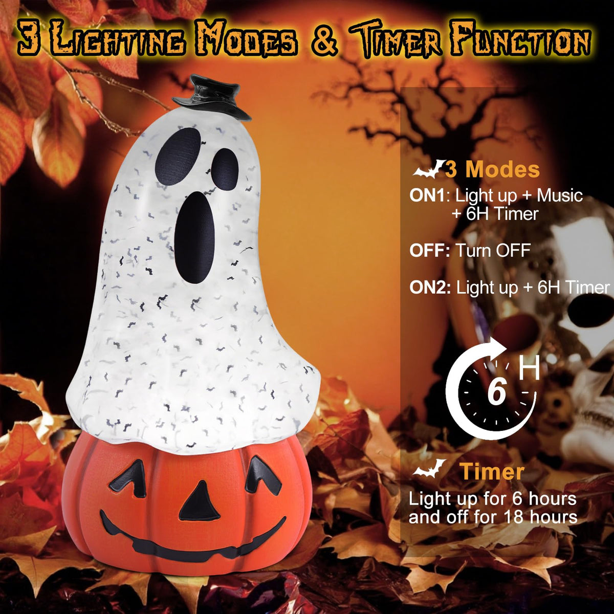 Halloween Snow Globe Lantern Spooky Glost and Pumpkin Halloween Snow Globes Musical Water Glitter Globe with 6H Timer Battery Operated or USB Powered for Spooky Home Decorations (Ghost and Pumpkin)