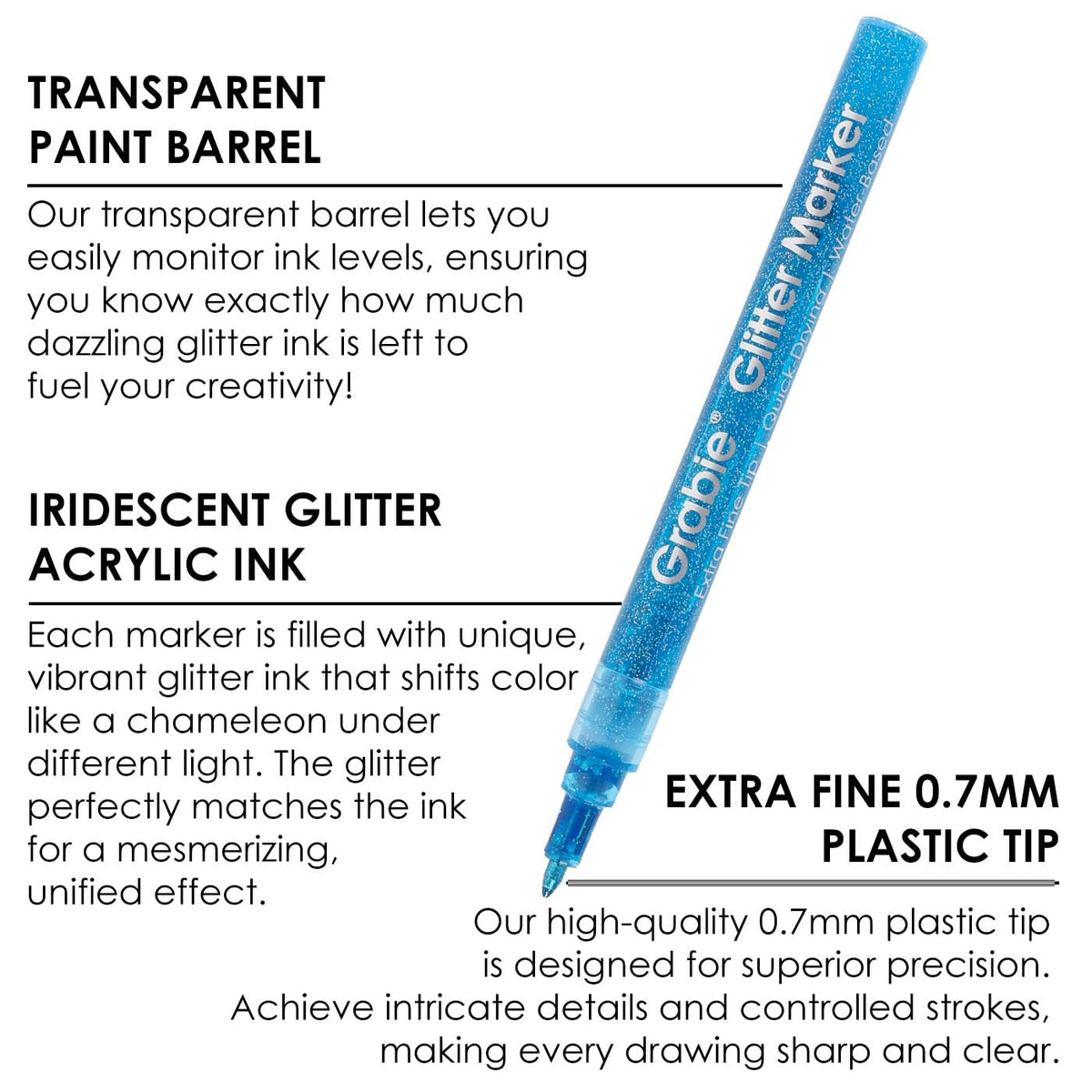 Grabie Glitter Markers, 24 Pack Extra Fine Tip Acrylic Paint Markers, Quick-Drying Water-Based Metallic Glitter Pens for Paper,Card Making, Canvas, Fabric, DIY Craft Supplies for Adult & Kids