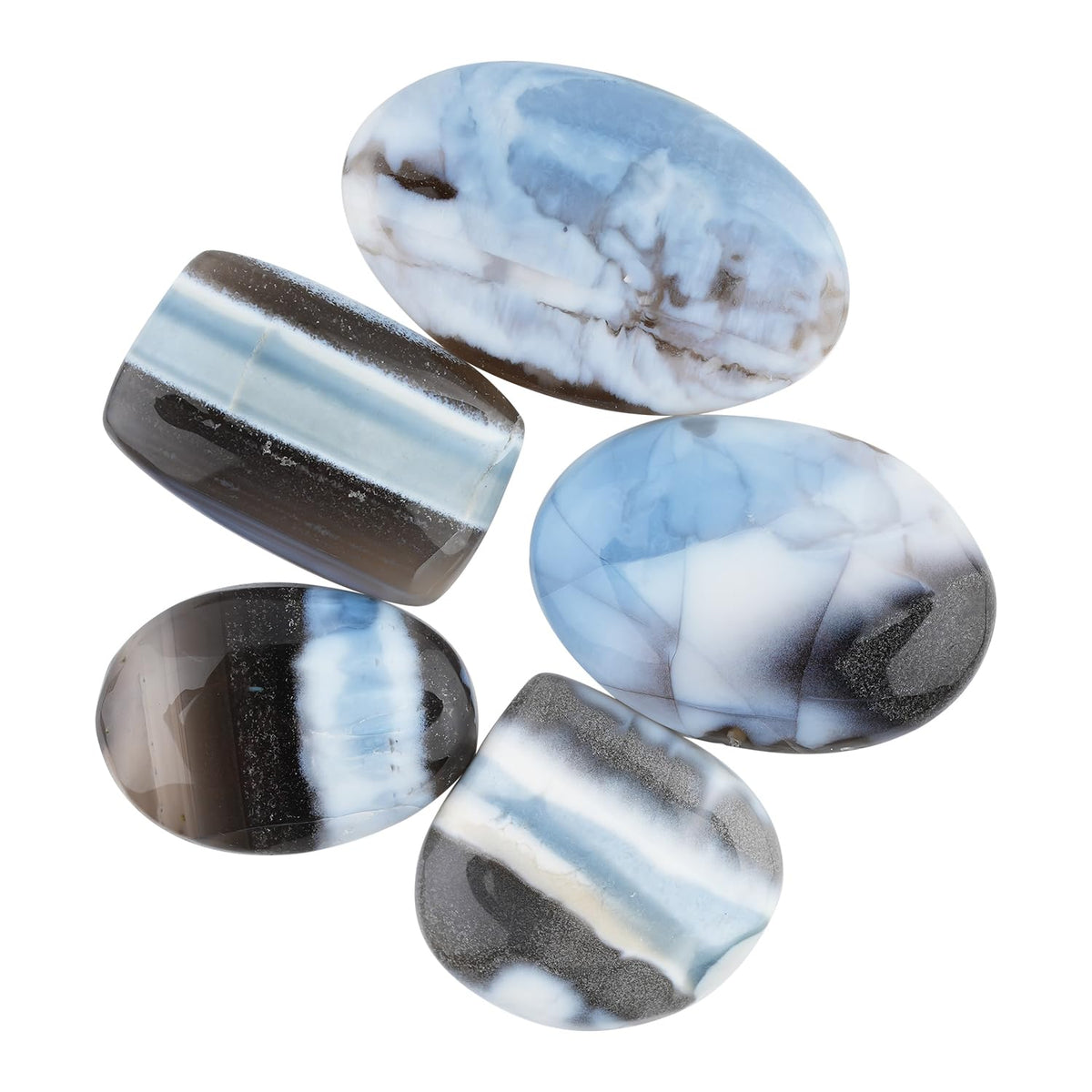 ColouredRocks (150+ carats. (5pcs.) BANDED BLUE OPAL, Mix Shape, Natural Cabochon Crystals, Loose Gemstone, Wholesale Polished Supply, Jewelry Making, DIY Craft, Gem Collection (25-30mm free size)