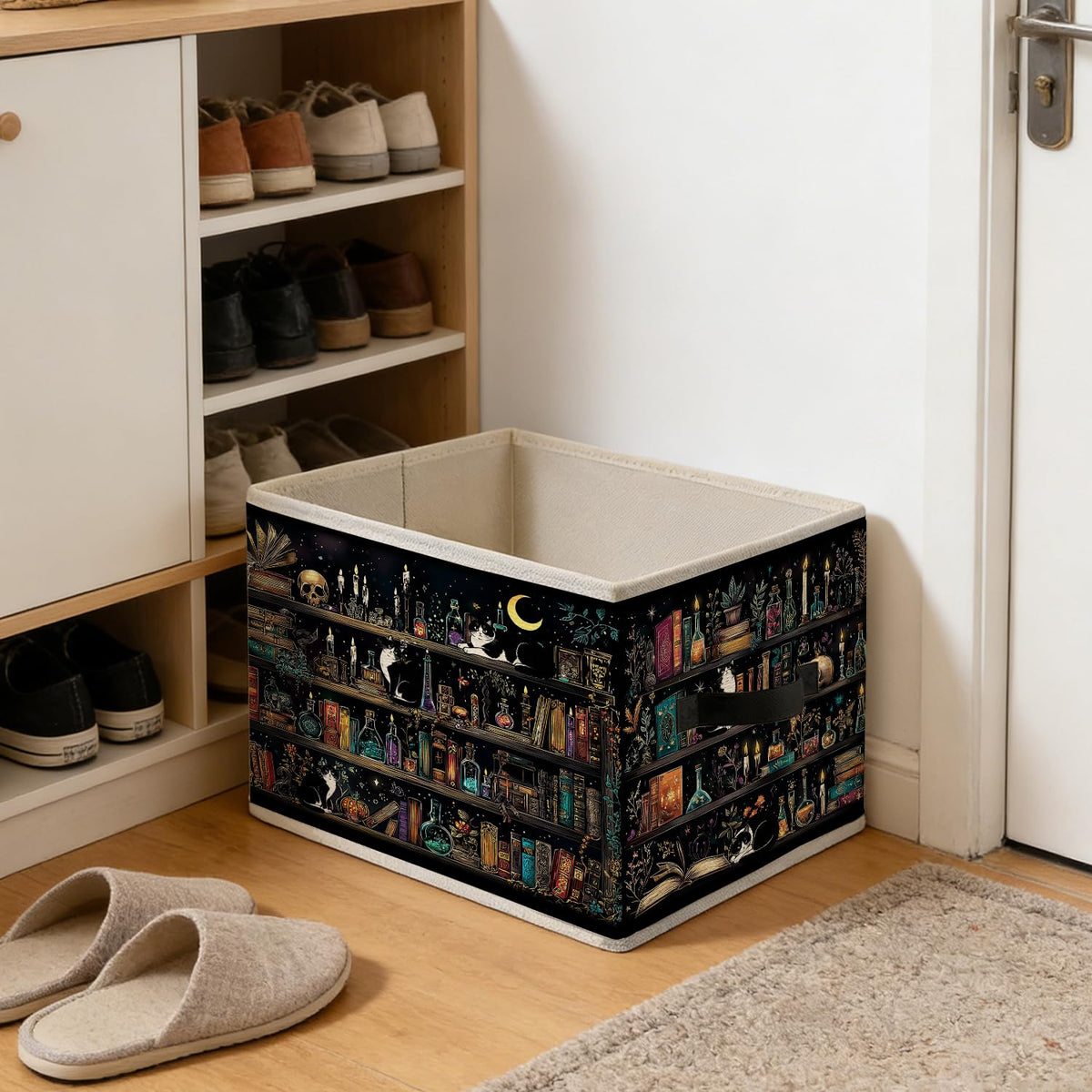 LRWHDFW Dark Gothic Book Storage Bins, Dark Academia Witchy Bookshelf Tuxedo Cat Foldable Closet Organizers Storage Basket Toybox for Reading Room Library Bedroom Bathroom Home Clothes Toys Books