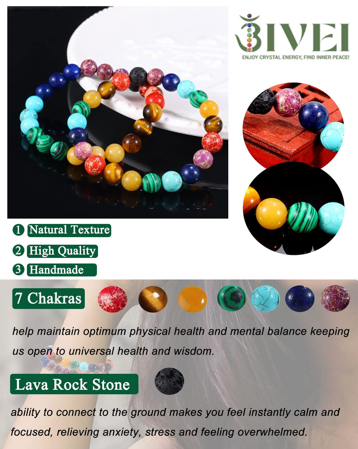 Bivei Natural Gemstone Semi Precious Healing Crystals Handmade Stretchy Round Beads Bracelet, Enhance Positive Energy(Chakra Bracelet (Inner Balance) Small)