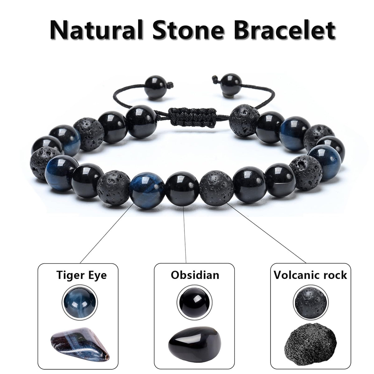 SAMXY Men Bead Bracelet - 8mm Blue Tiger Eye Black Obsidian & Lava Stone Beads - Natural Onyx & Crystal Healing Stones - Handmade Adjustable Protection Bracelet- Spiritual Jewelry Gift for Women men