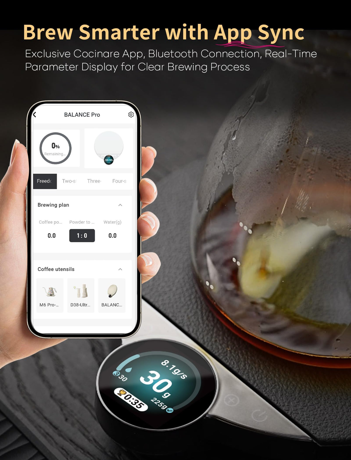 Cocinare Balance Pro Smart Coffee Scale with Timer and Water Flow Rate, Espresso Scale for Pour Over and Barista Brewing, Brew Assist Mode, 0.05g Precision, 3.5kg Digital Scale, App Control (White)