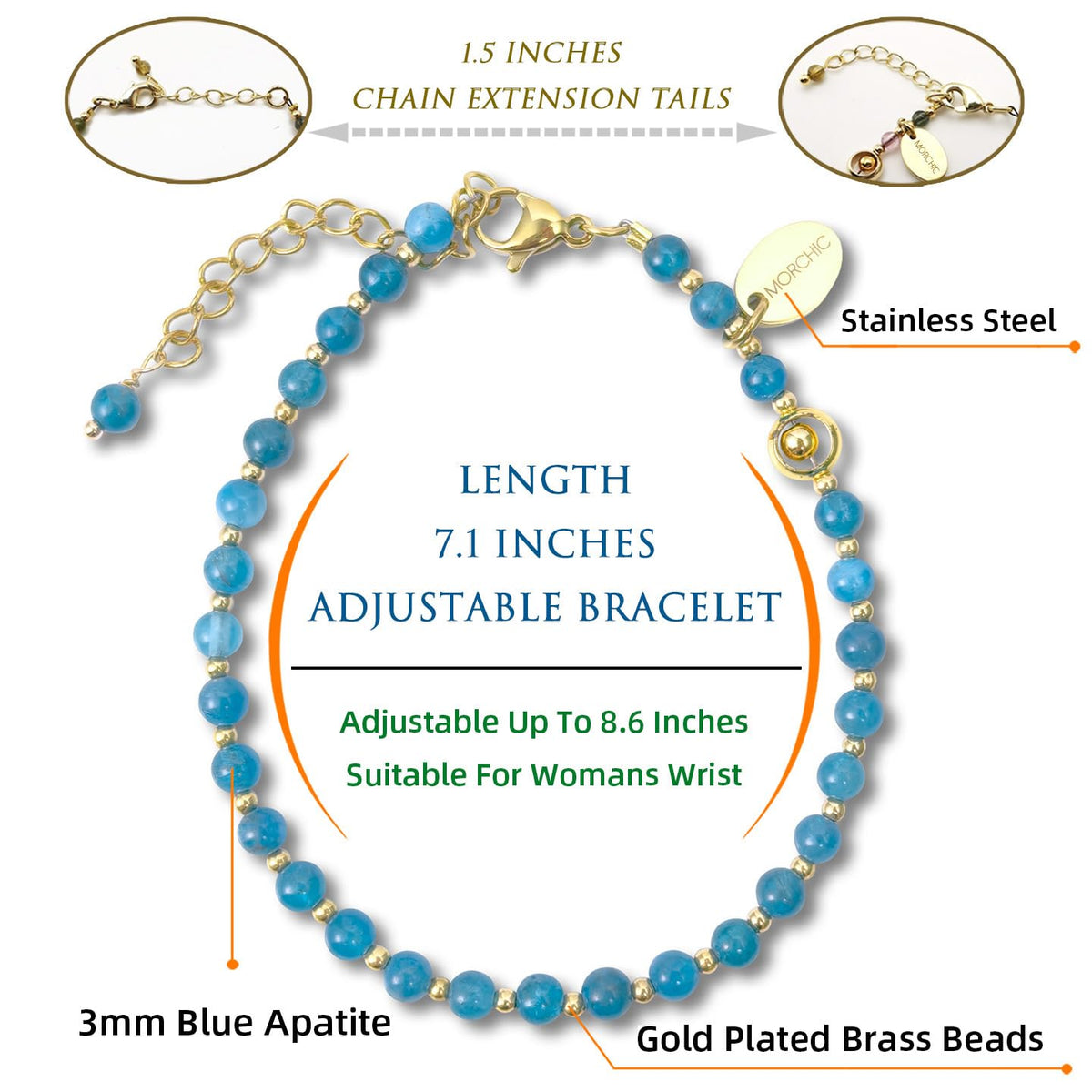 Morchic 3mm Blue Apatite Natural Gemstone Beaded Bracelet for Women, Dainty Charm Tiny Jewelry, Adjustable 7.1-8.6", Ideal Birthday Holiday Gift