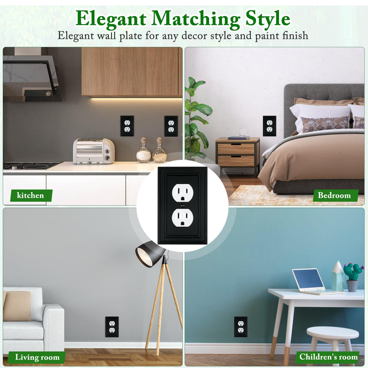 Matte Black Decorative Outlet Covers Wall Plates, Bamboo Fiber Light Switch Covers, Natural Material Electric Receptacle Switch Plate Outlet Cover of various styles (1 Gang Duplex 4 Pack)
