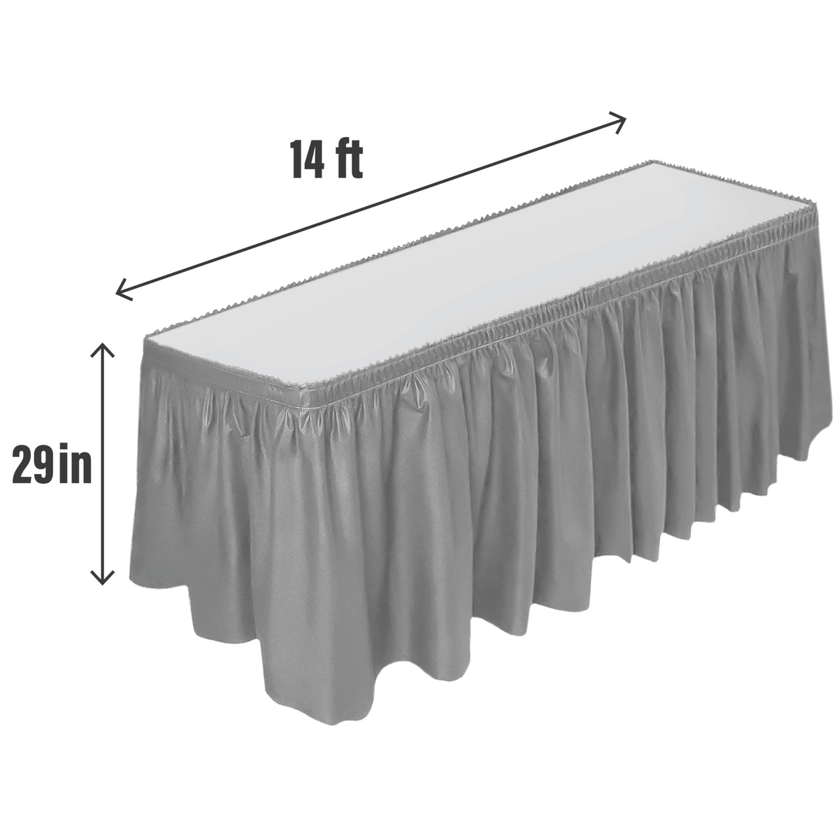 DecorRack 2 Pack Table Skirts, 29 in x 14 ft Each, Multi Pack -BPA Free- Plastic Tableskirt, Disposable, Reusable, Rectangular Tablecloth Skirt, Silver (2 Pack)