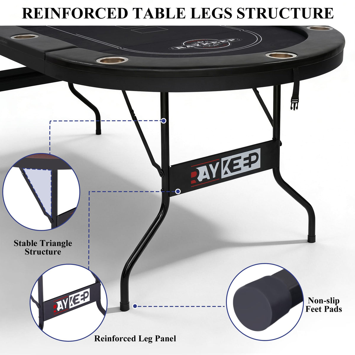 RAYKEEP 84" Poker Table for 10 Players, Foldable Texas Holdem Table with Padded Rails & 10 Cup Holders, Portable Casino Board Game Table for Game Room, Blackjack, Party (Black)