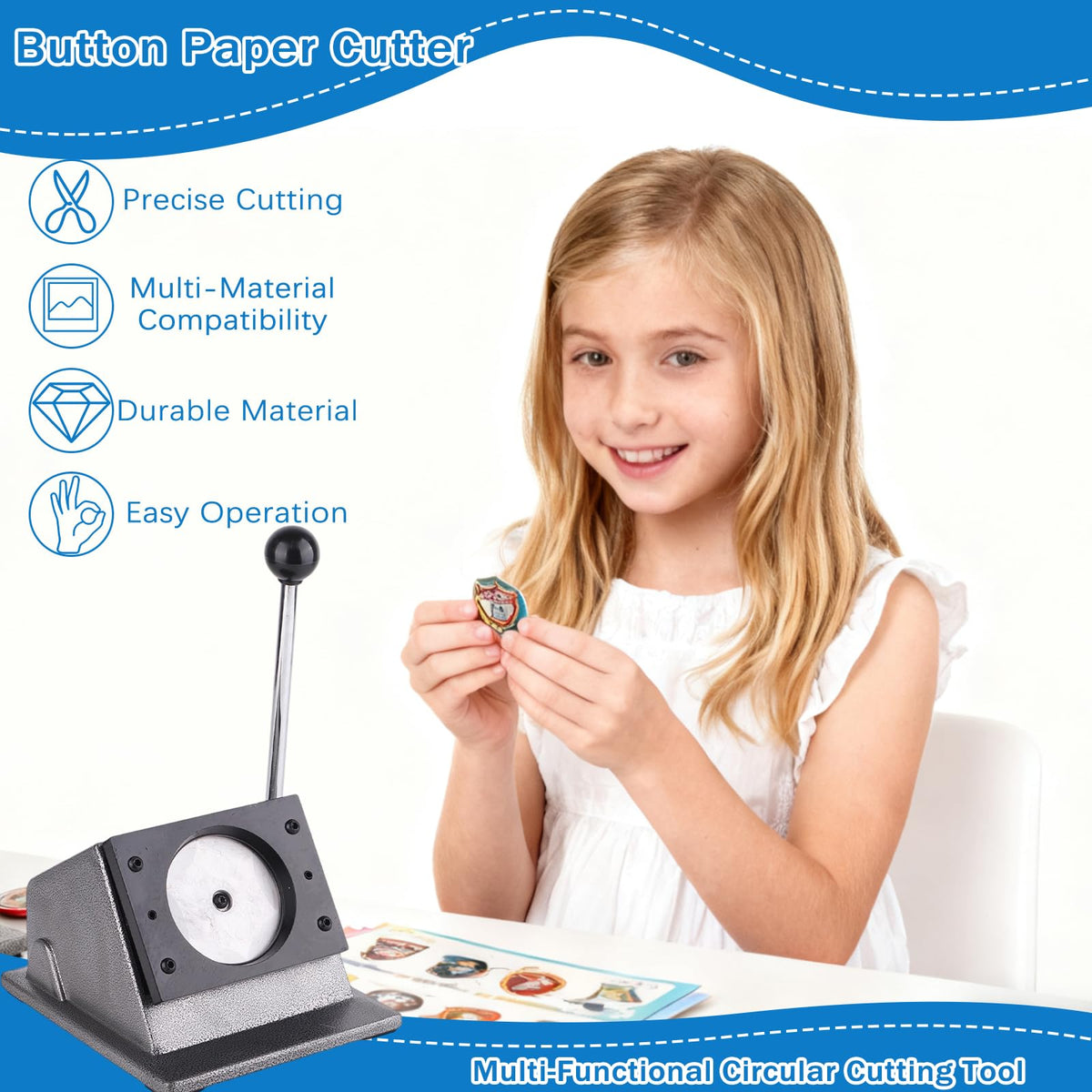 Taddien Round Badge Maker, Round Die Cutter for DIY Button Making and Scrapeboards Cardstocks Cutting, Cutter for Paper Leather PVC Cards, 86mm (3.39in) Cut Size for 75mm Buttons