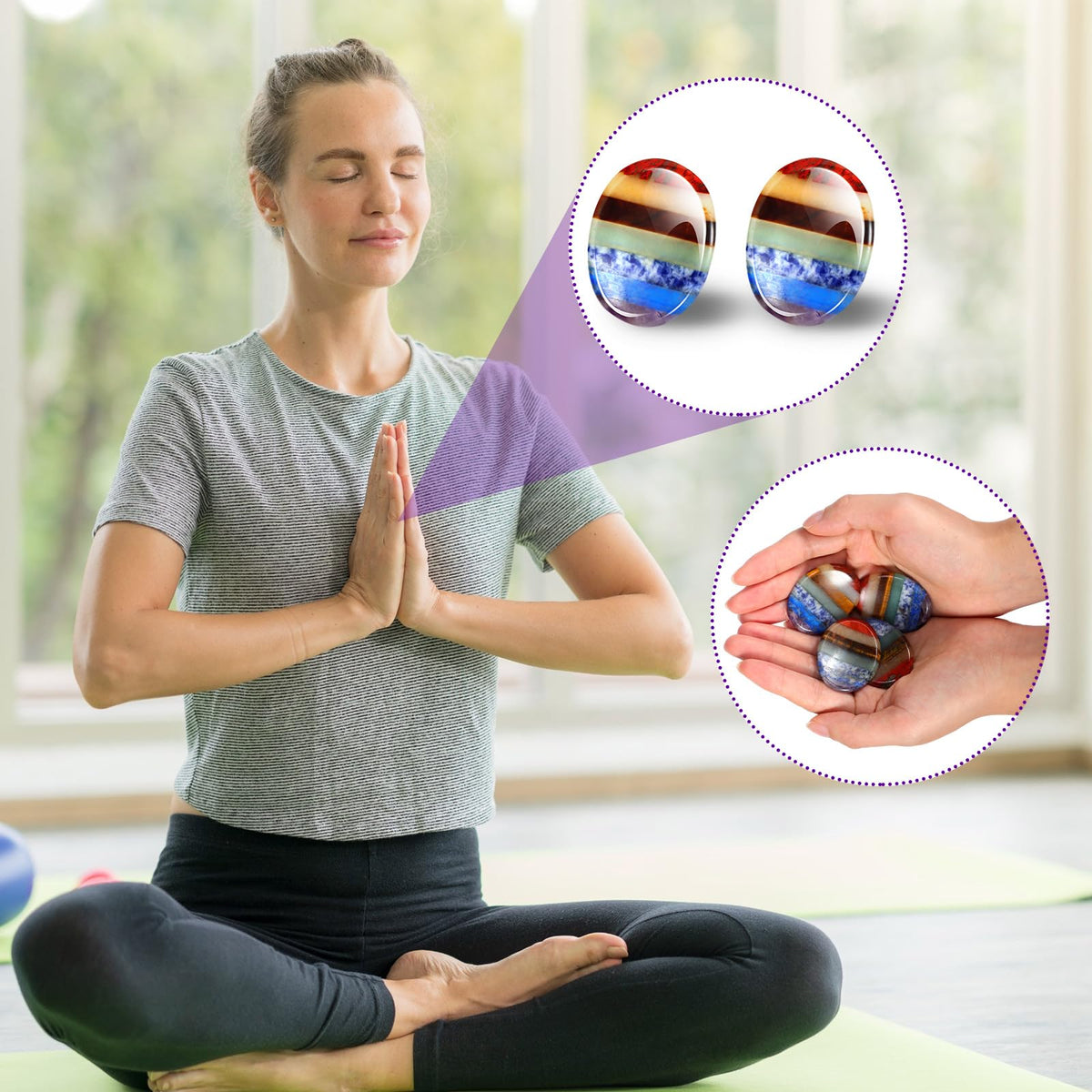 Roowest 4 Pcs Thumb Worry Stone for Anxiety Natural Crystal Healing Stone Chakras Amethyst Tiger Eye Quartz Pocket Hug Gift for Office Stress Meditation(Chakra Crystal,Oval)