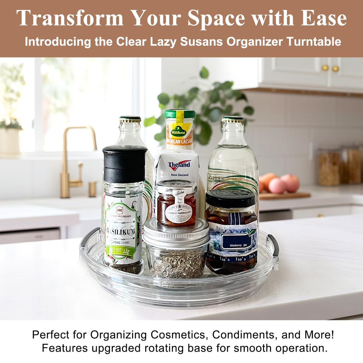 Clear Lazy Susan Organizer Turntable for Cabinet Table Top, 9.25 Inch 2 Pack 360 Rotating Spinning Makeup Organizer for Vanity, Kitchen Storage Rack Heavy-Duty Pantry Spices Tray Countertop Organizer