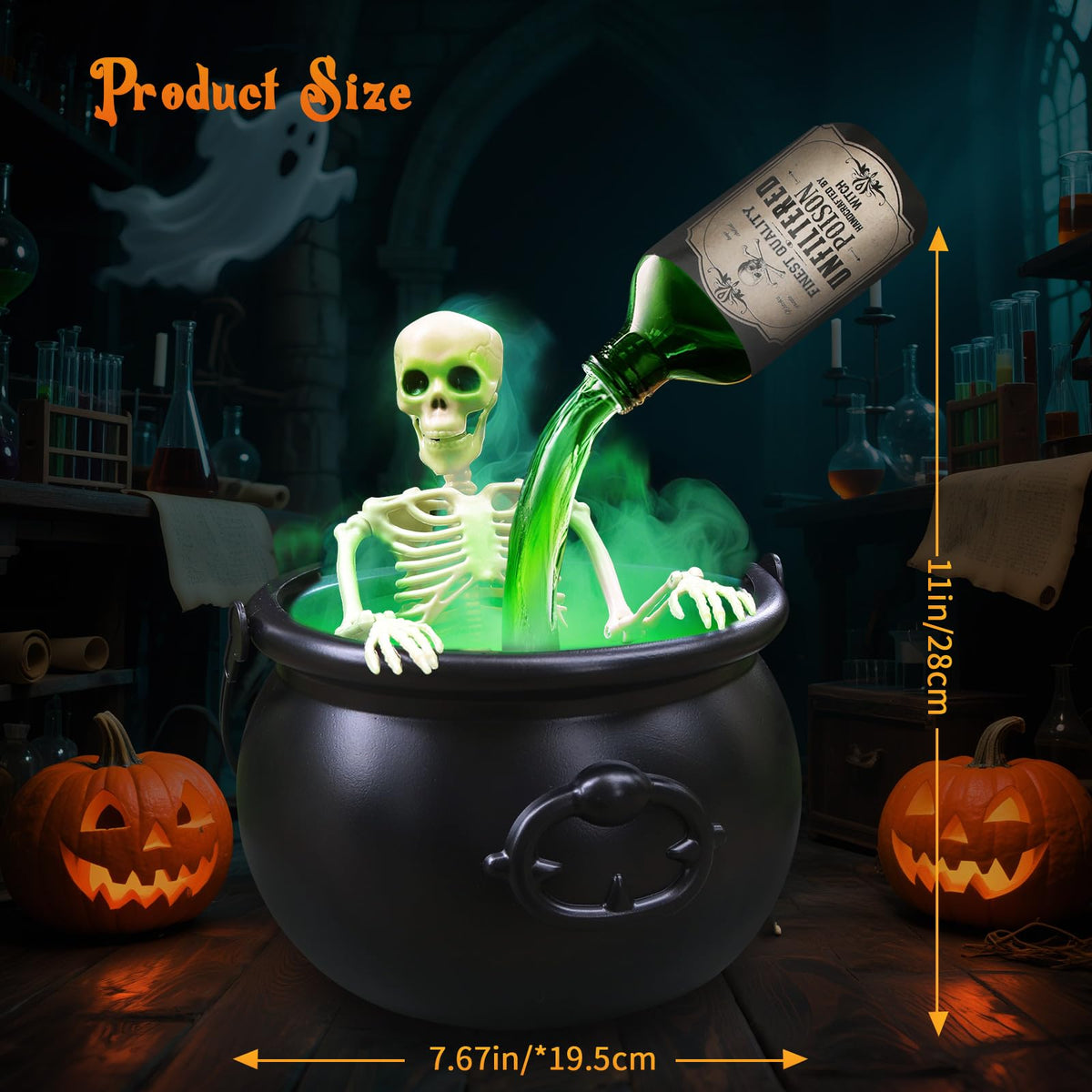 Halloween Decorations - Cauldron Halloween Decor with Magic Floating Potion Bottles Fog Diffuser Spooky Skeletons & Black Plastic Witches Bowl for Indoor Outdoor Party/Table/Mantel/Kitchen Decor