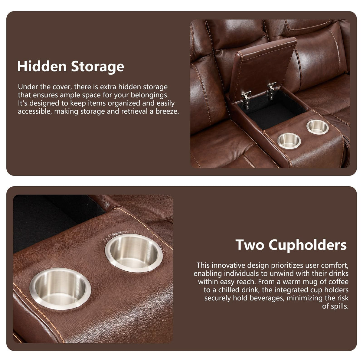 EBELLO Genuine Leather Recliner Sectional Sofa Set, Manual Reclining Corner Couches with Storage Console and Hidden Cup Holders, Extra Wide Footrest for House/Living Room, Brown