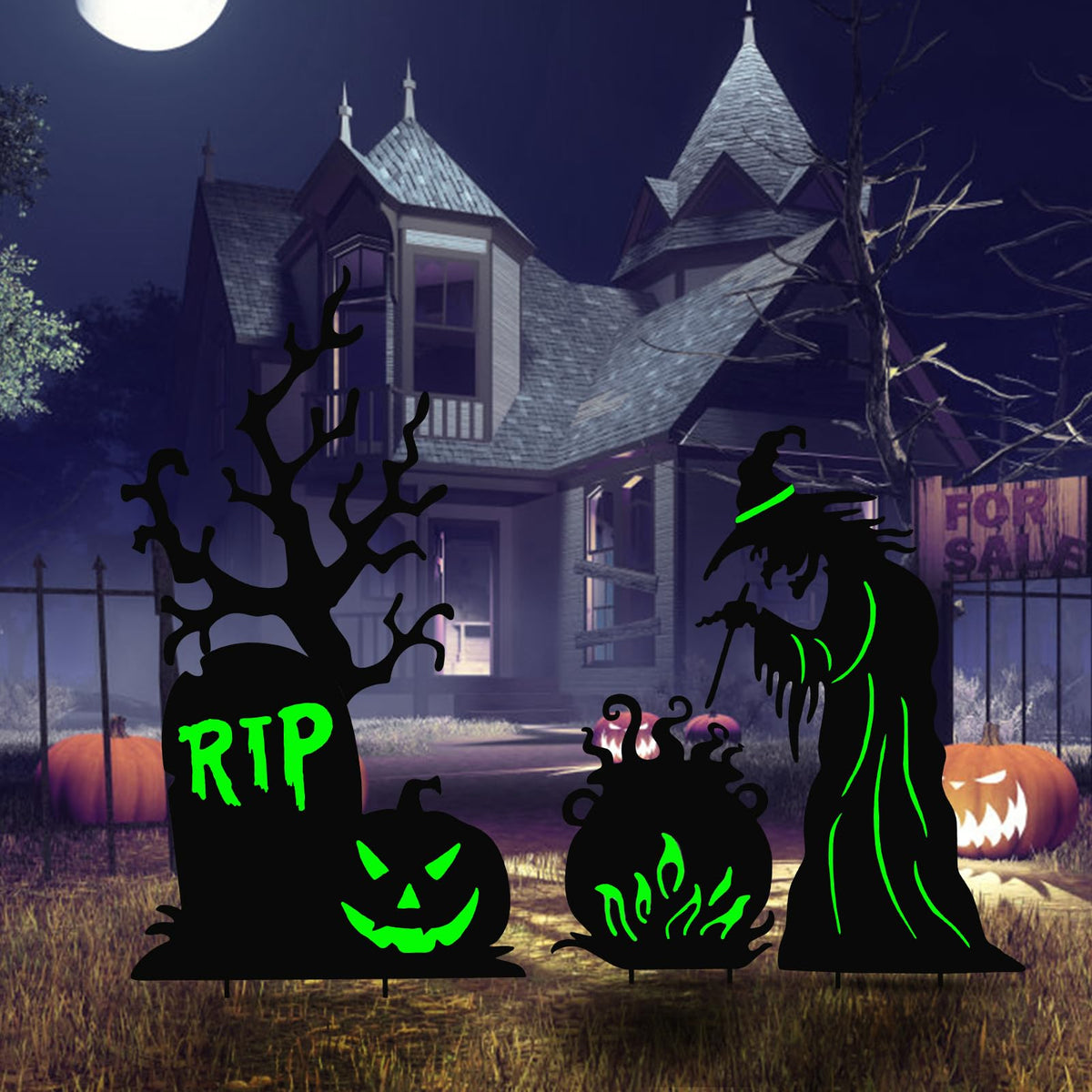 3 Pack Halloween Yard Signs Outdoor Decorations - Glow in the Dark Scary Witch Tombstone Cauldron Metal Stakes, Waterproof Fluorescent Lawn Garden Halloween Decor for Graveyard Party (Large Witch Tombstone Cauldron, 3 Pack)