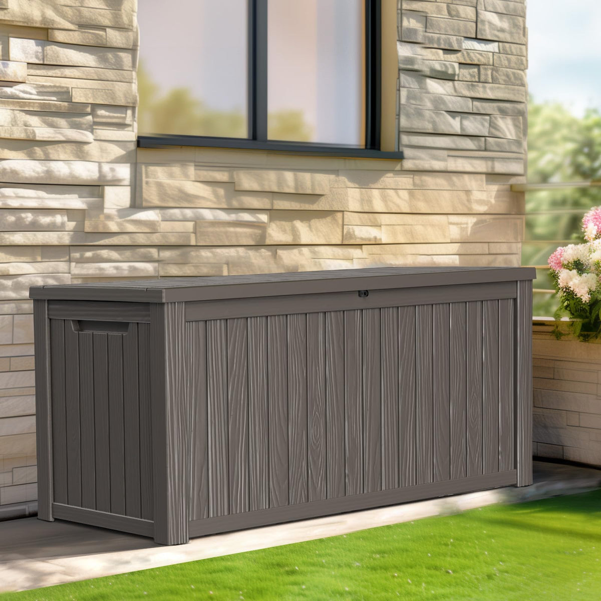 PatioZen 180 Gallon Large Resin Deck Box, Outdoor Lockable Storage Box with Divider for Patio Cushions Storage Furniture, Pool Supplies, Garden Tools, Weatherproof and UV Resistant- Light brown
