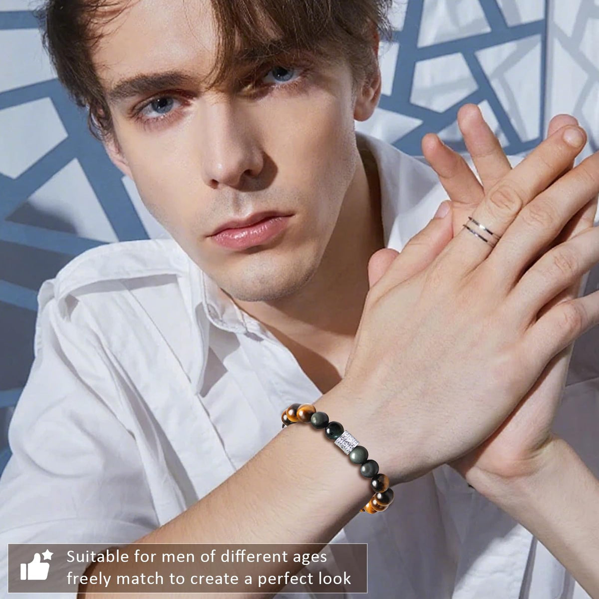 Tiger Eye Obsidian Beaded Bracelets For Men Gemstone Bracelets For Men &Women Fashion Natural Stone Men‘s Jewelry (colourful black&yellow)