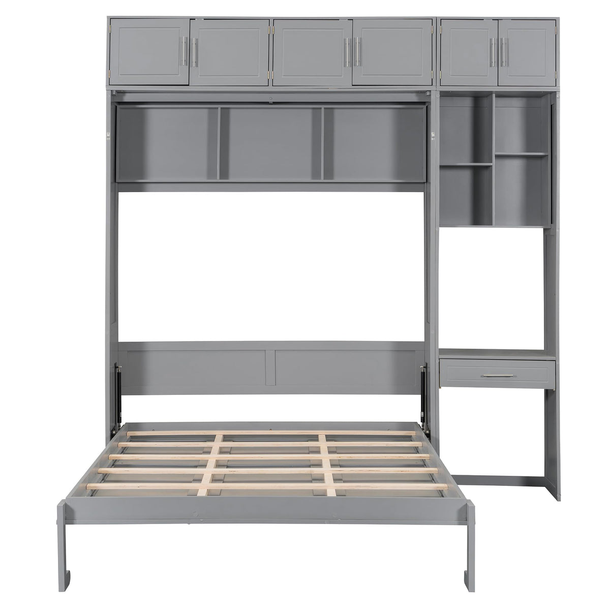 Merax Queen Size Wall Murphy Bed with Desk, Top Cabinet and Storage Shelves, Space Saving Foldable Bed, Wooden Bed Frame