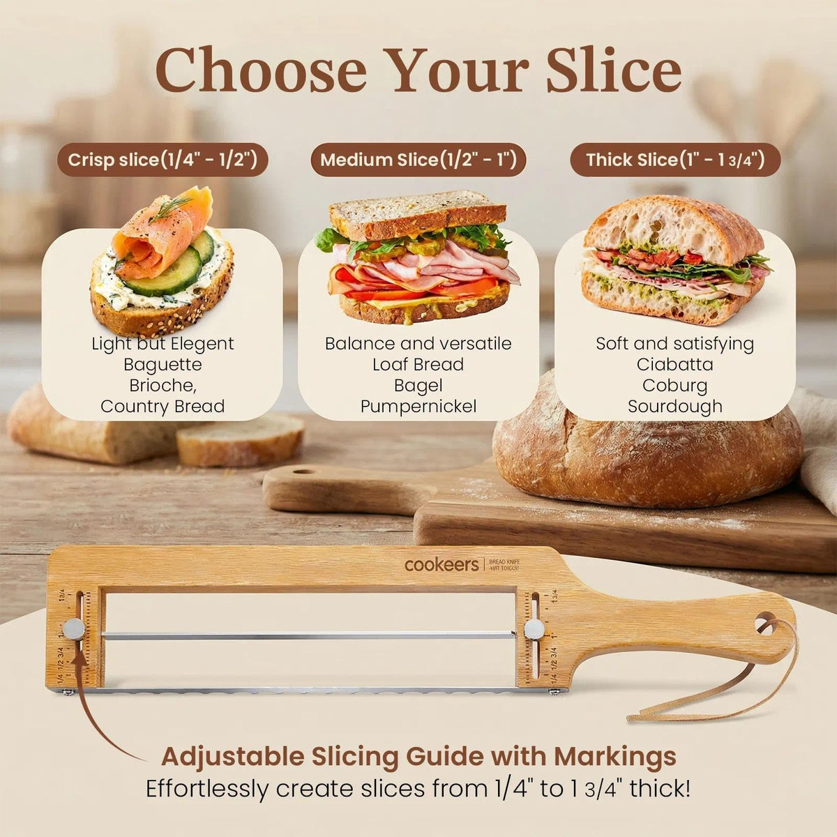 COOKEERS Adjustable Sourdough Bow Bread Knife – Large Bread Slicer for Homemade Bread with Serrated Stainless Steel Blade&Precision Thickness Guide, Even Slice Cutter for Baguettes, Bagels.