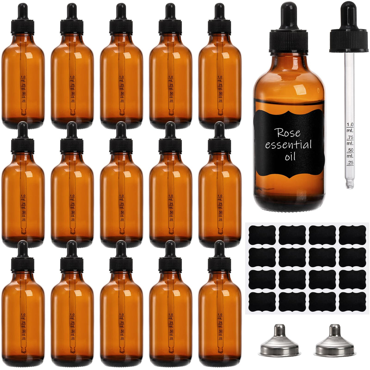 Jucoan 16 Pack Dropper Bottles, 4 oz/120ml Amber Glass Tincture Bottles with Graduated Glass Eye Droppers for Essential Oils, Perfume, 2 Stainless Steel Funnels,16 Chalkboard Labels