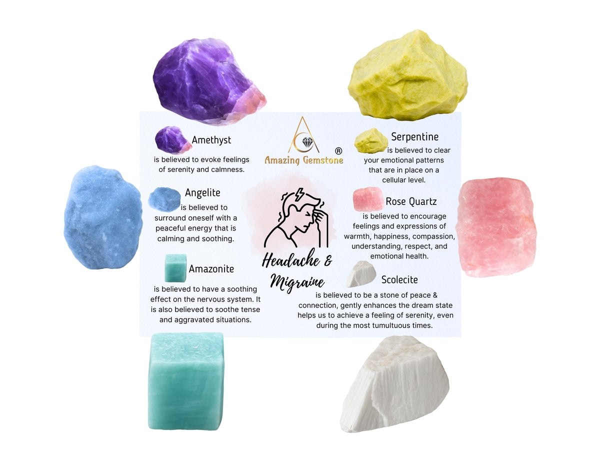 Amazing Gemstone Healing Crystals for Headaches and Migraine, Set of 6 Amethyst, Angelite, Amazonite, Rose Quartz, Scolecite and Serpentine Healing Crystals and Stones