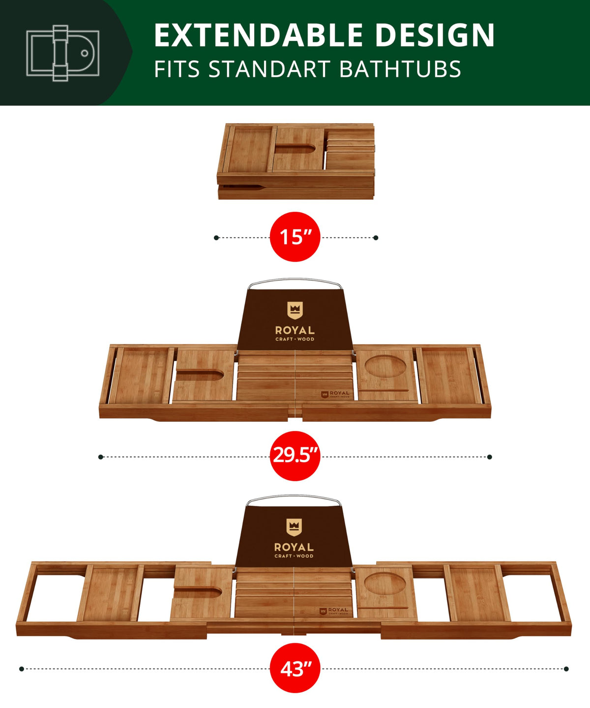 ROYAL CRAFT WOOD Premium Foldable Bathtub Tray Caddy - Wood Bath Tray for Tub, Bamboo Shelf, Expandable Bath Table Trays, Bathtub & Bathroom Accessories for New Home & Mothers, Birthday Gifts for Mom