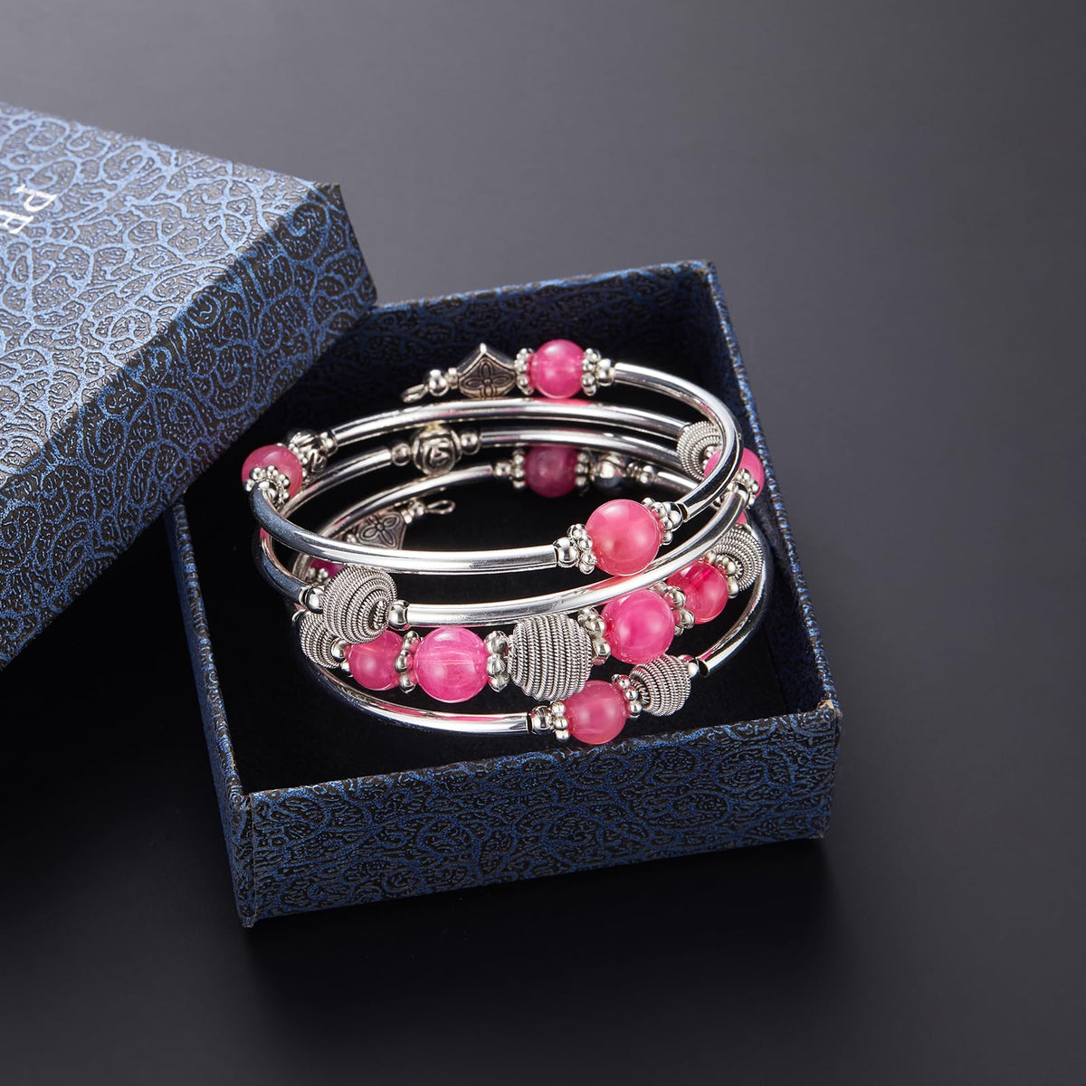 PEARL&CLUB Beaded Chakra Bangle Turquoise Bracelet - Fashion Jewelry Wrap Bracelet with Thick Silver Metal and Mala Beads, Birthday Gifts For Women(Hot pink)