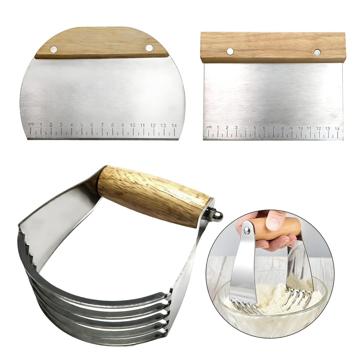 AACGIN 3 PCS Dough Pastry Cutter Scraper Blender Set with Stainless Steel Blades and Comfortable Wood Handle for Biscuit Butter Pie Nut Crust Kitchen Baking Supplies