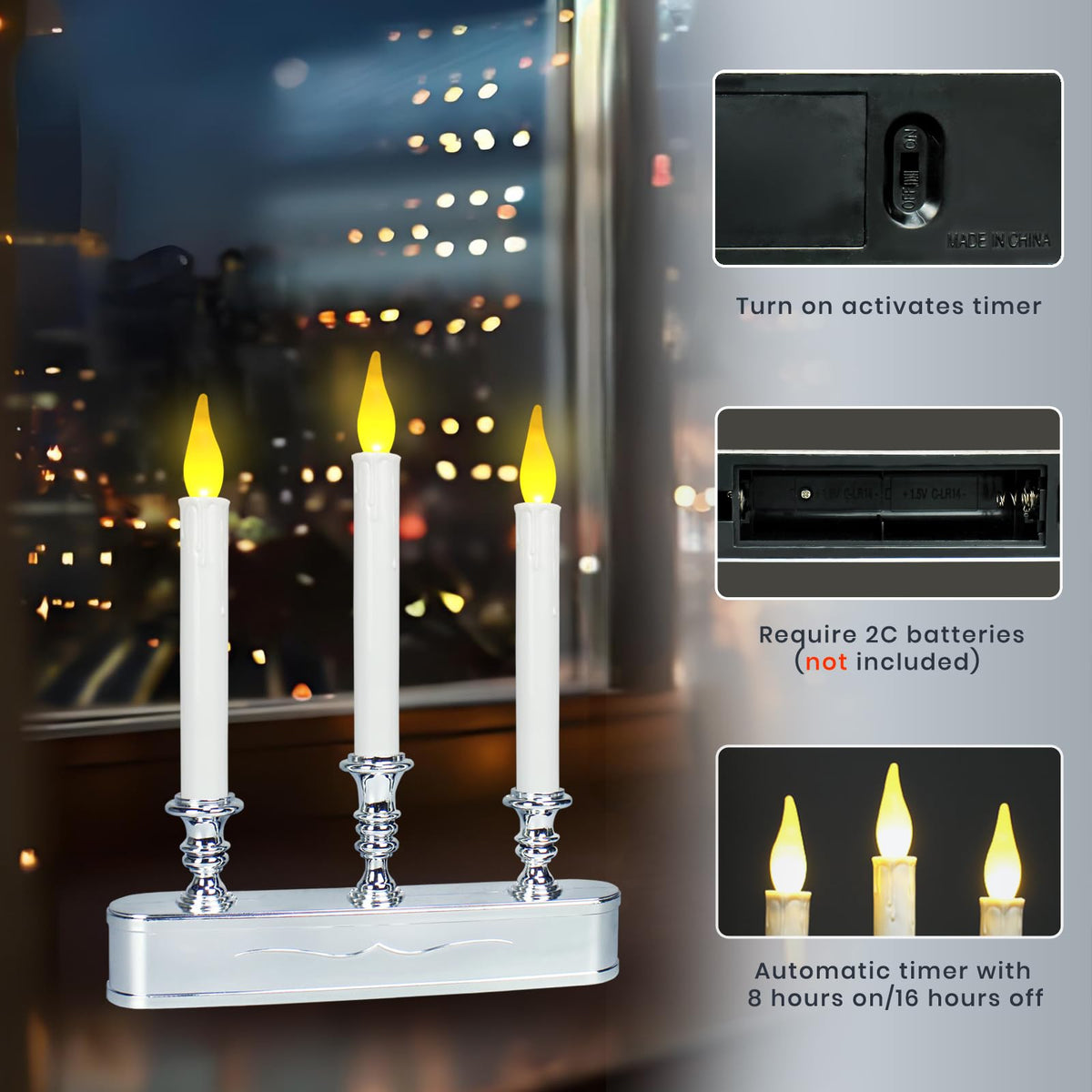 Window Candles Battery Operated with Timer 8 Hours on and 16 Hours Off Led Warm White with Flicker Flame