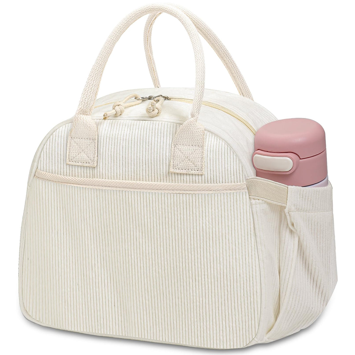 Carry bloom Lunch Box for Women, Insulated Lunch Bag Cute Corduroy Lunchbag Reusable Lunchbox for Work (bb pink corduroy)