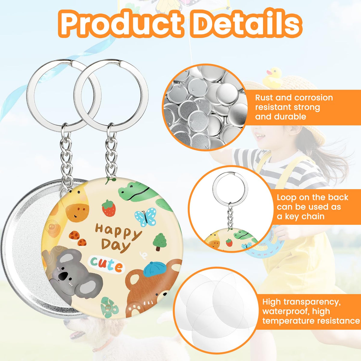 100 Pcs 58mm/2.25 Inch Button Maker Keychain Supplies, Round Metal Keychain Making Set for Button Maker Machine, Blank Button Badges Including Metal Shell Cover, Plastic Film, Chain and Ring for DIY