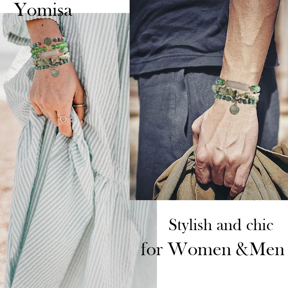 Yomisa 5PCS Natural Boho Beaded Bracelets for Women Men,Healing Turquoise Jasper Agate Crystal Gemstone Stone Diamond Chakra Multilayer Wrap Bohemian Handmade Jewelry Beads Stretch Bracelet Set