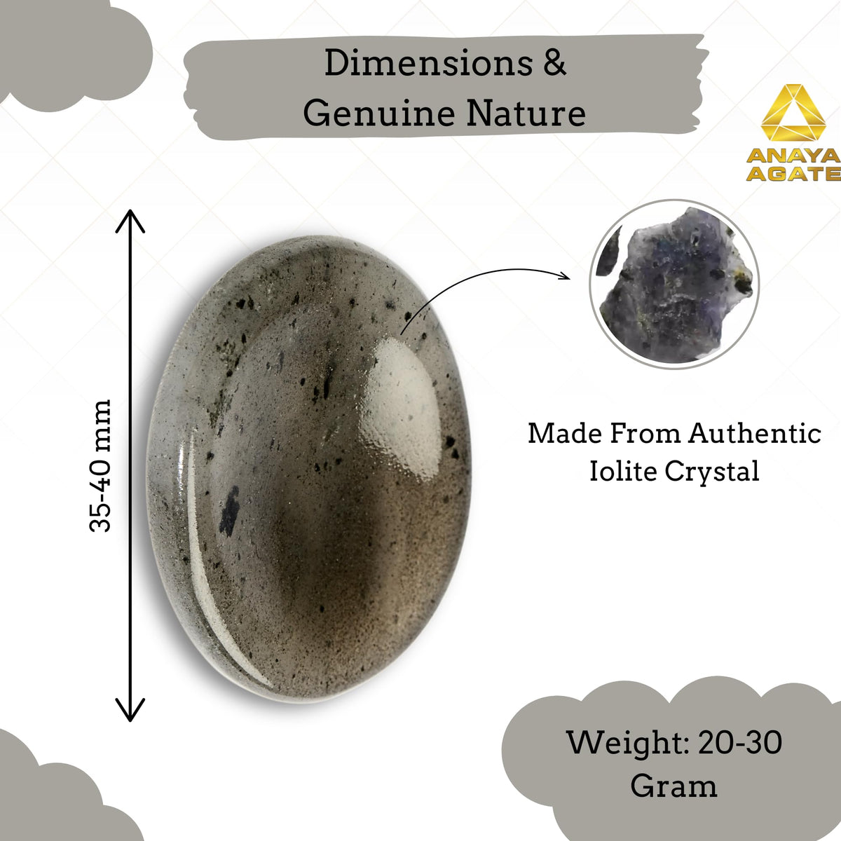 Anaya Agate Iolite Worry Stones Certified Crystal Thumb Worry Stone for Anguish, Relaxing and Soothing Balance Stones for Meditation, Stress Relief Crystals and Healing Stones for Men, Women
