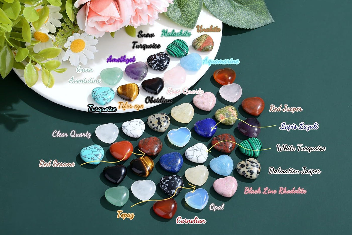 NUKAYAI 20PCS Crystals and Healing Stones Trinkets Healing Crystal Hearts Heart Natural Gemstones Reiki Rose Quartz Amethyst Polished Wholesale Set Balancing Trinket Mothers Day Bulk Gifts for Women