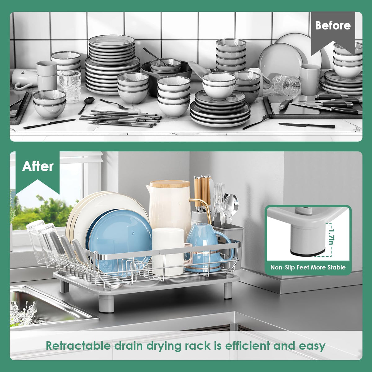 MOUKABAL Dish Drying Rack, Dish Rack, Stainless Steel Dish Racks for Kitchen Counter, Dish Drainer with Removable Utensil Holder, Drainboard (Grey,Stainless Steel,13''W x 17''L)