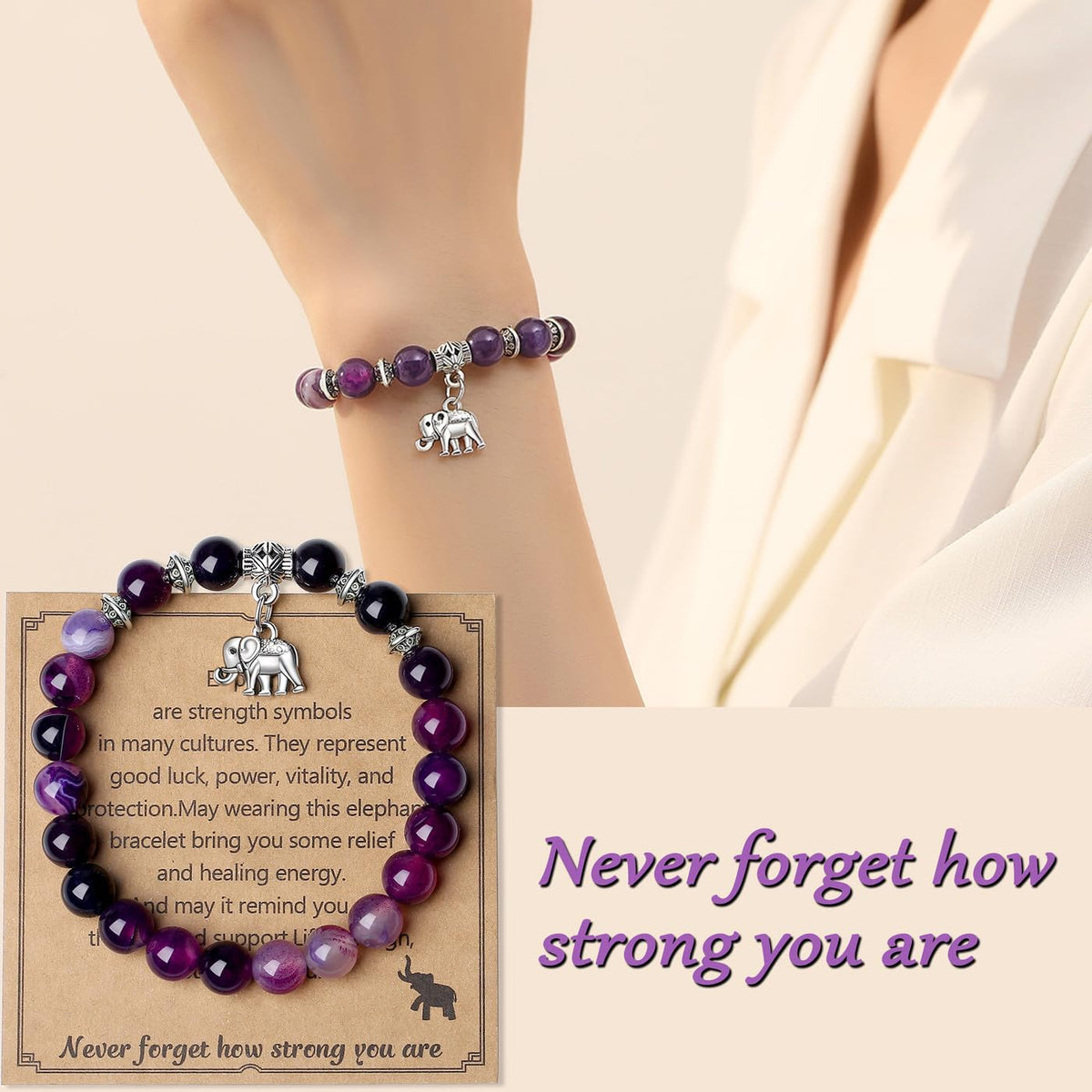 MAIBAOTA Elephant Bracelet for Women Beaded Bracelets for Women Stretch Bracelets Strength Bracelet Strength Gifts for Women Elephant Jewelry for Women 8 mm Natural Purple Beaded Bracelets