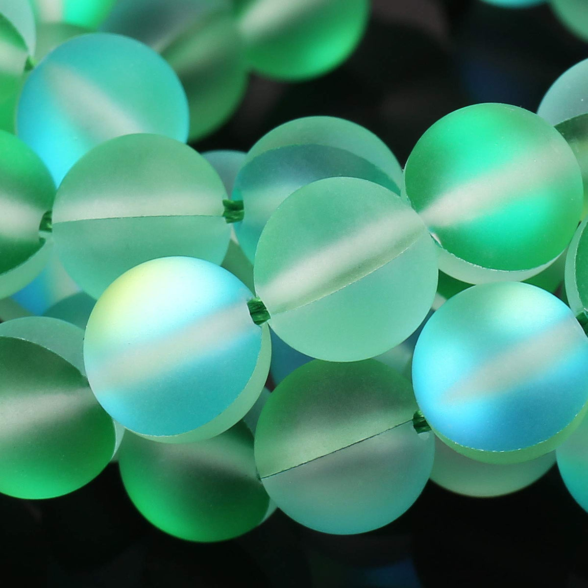 Matte Green Aurora Crystal Glass Beads, 10MM Frosted Glitter Shining Mermaid Round Loose Beads, Rainbow Holographic Synthetic Moonstone for Jewelry Making DIY Bracelet