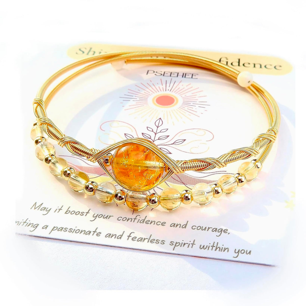 PSEEHEE Handmade Genuine Citrine Crystal Double Layered 14k Gold Filled Wire Wrapped Bracelet, Birthstone Chakra Healing Gemstone Crystal Beads Adjustable Bangle Cuff Jewelry Gift for Women