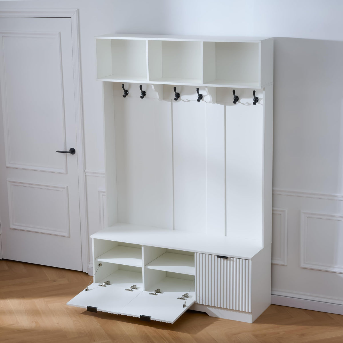 49.6" 5-in-1 Hall Tree with Bench Shoe Storage 3 Open Storage Cabinets, Farmhouse Entryway Cabinet with High Gloss Fluted Doors Coat Rack with 6 Hooks Shoe Cabinet for Hallway Living Room White