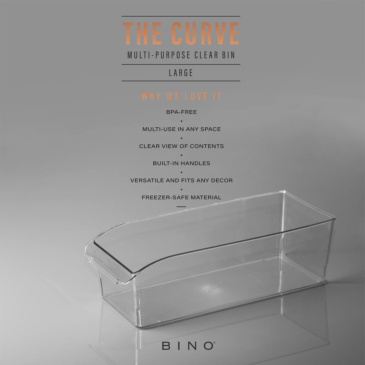 BINO | Plastic Storage Bins, Large | THE CURVE COLLECTION | Multi-Use Fridge / Freezer Organizer | Built-In Handle | BPA-Free | Pantry and Home Organization