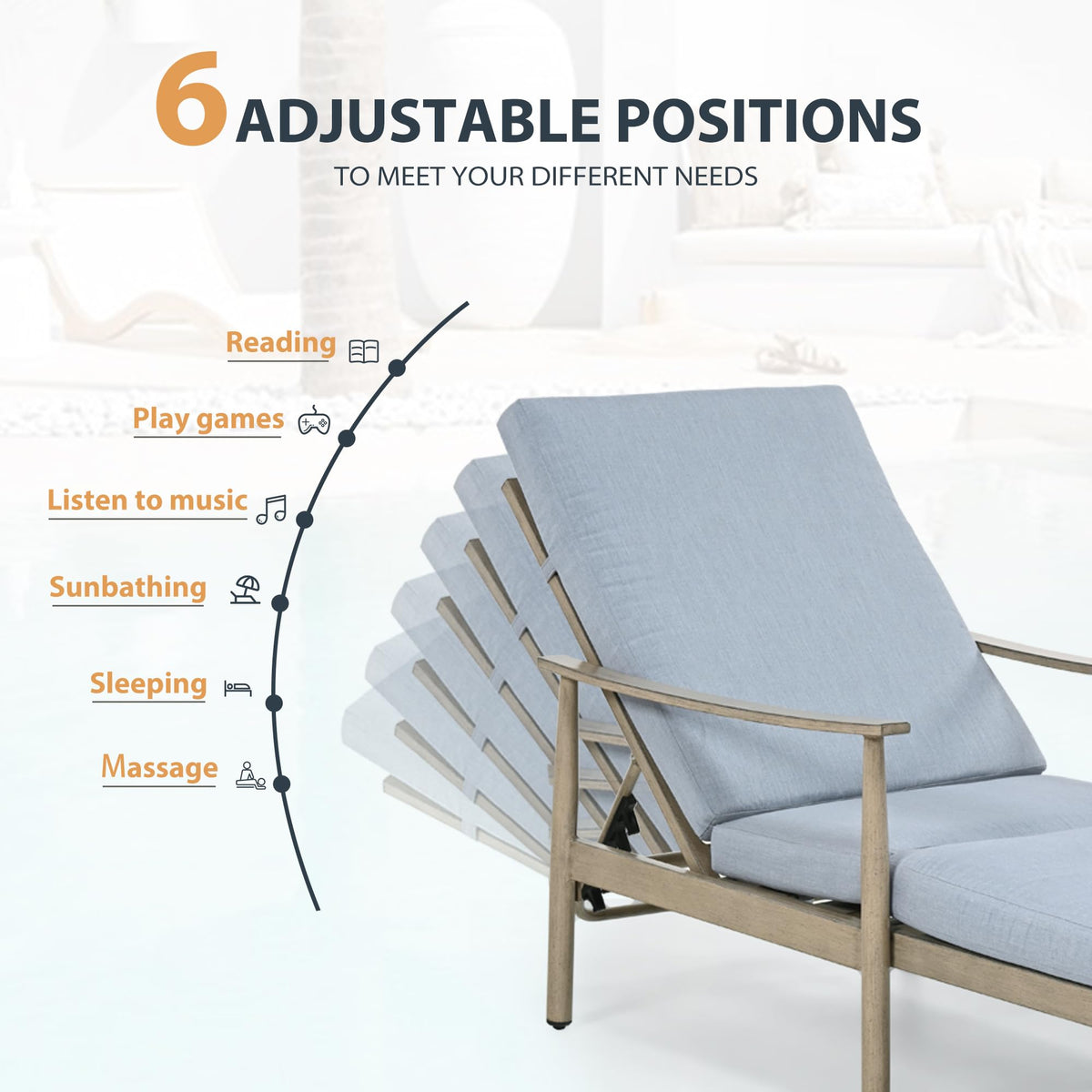 HAPPATIO Outdoor Chaise Lounge Set of 2, Aluminum Pool Lounge Chair with Adjustable Backrest, Cushion, Curved Armrest, and Side Table, Outdoor Lounge Chair for Beach, Yard, or Poolside (Brown)