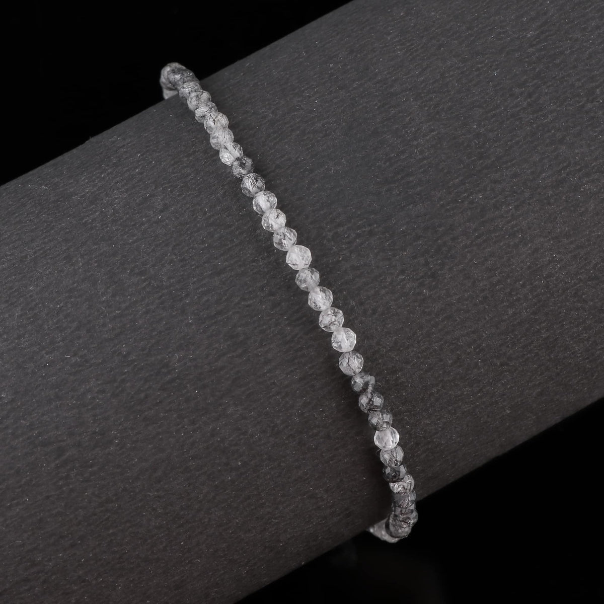 Gempires Handmade Black Rutilated Quartz Gemstone Beaded Bracelet for Women | 2.4–2.5 mm Faceted Natural Stone | Adjustable 7+1 Inch Silver Plated Chain | Dainty Minimalist Stacking Jewelry | Unique Crystal Gift