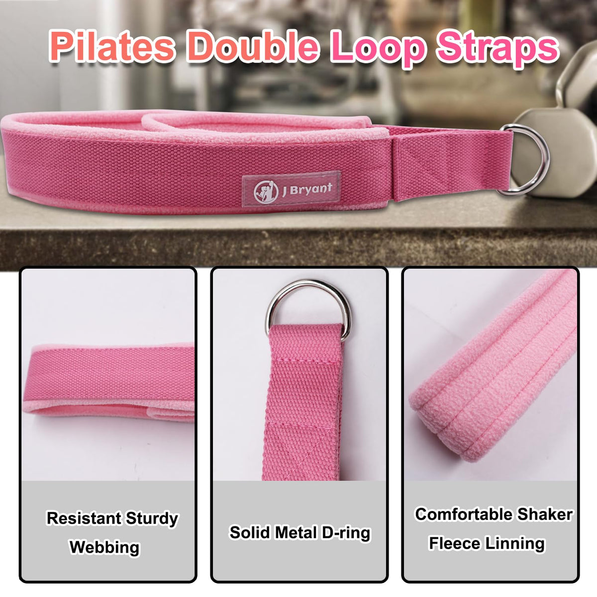 J Bryant Pilates Double Loop Straps for Reformer Fitness D-Ring Straps,Yoga Exercise Accessories for Home Gym Workout,1 Pair