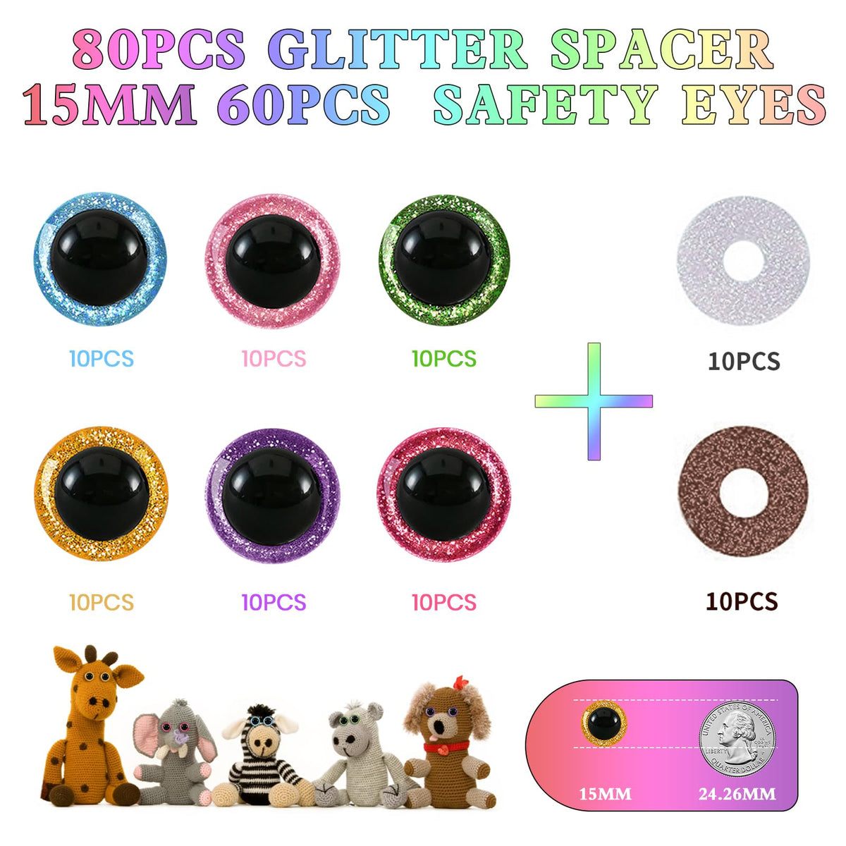 MUCUNNIA 120pcs 15mm Safety Eyes for Amigurumi Glitter Plastic Safety Eyes for Crochet with Washers Craft Crochet Eyes Doll Eyes for Crochet Animals Plush Stuffed Animals DIY Christmas Decorations