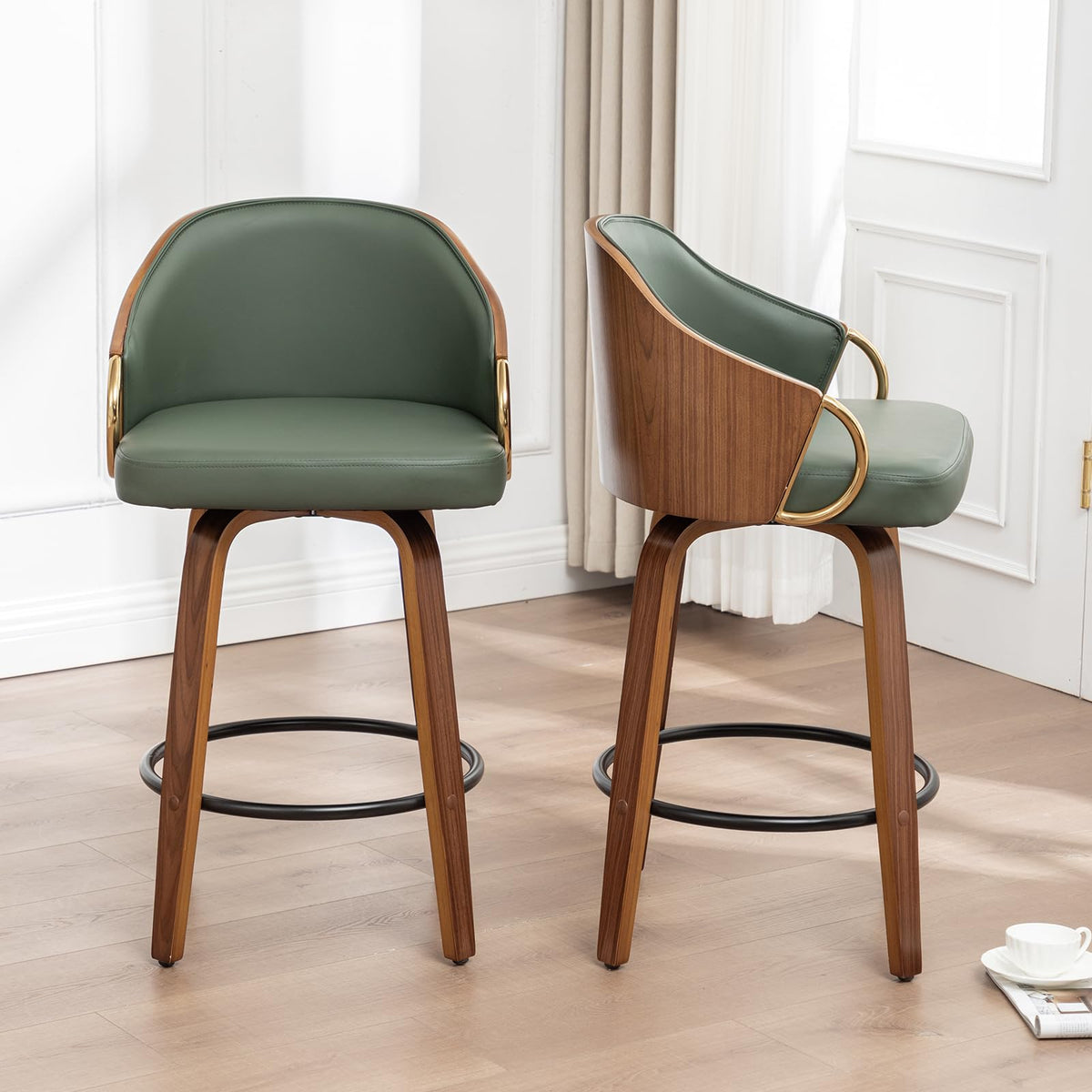 YOUUGIOR 24.8" Swivel Counter Height Bar Stools Set of 3,Green Leather Barstools Mid Century Modern Bar Chairs with Wood Legs and Golden Arms for Kitchen Dining Pub Cafe
