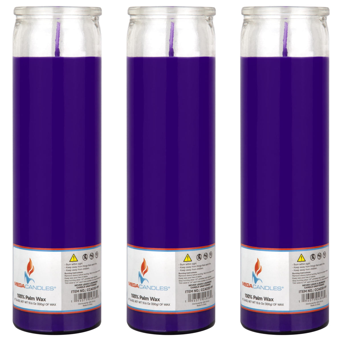 Mega Candles 3 pcs Unscented Purple Glass Container Devotional Prayer Candles, Shortening Wax Candle 2 Inch x 8 Inch, Sanctuary, Vigils, Prayers, Spiritual, Blessings, Religious, Altar, Remembrance