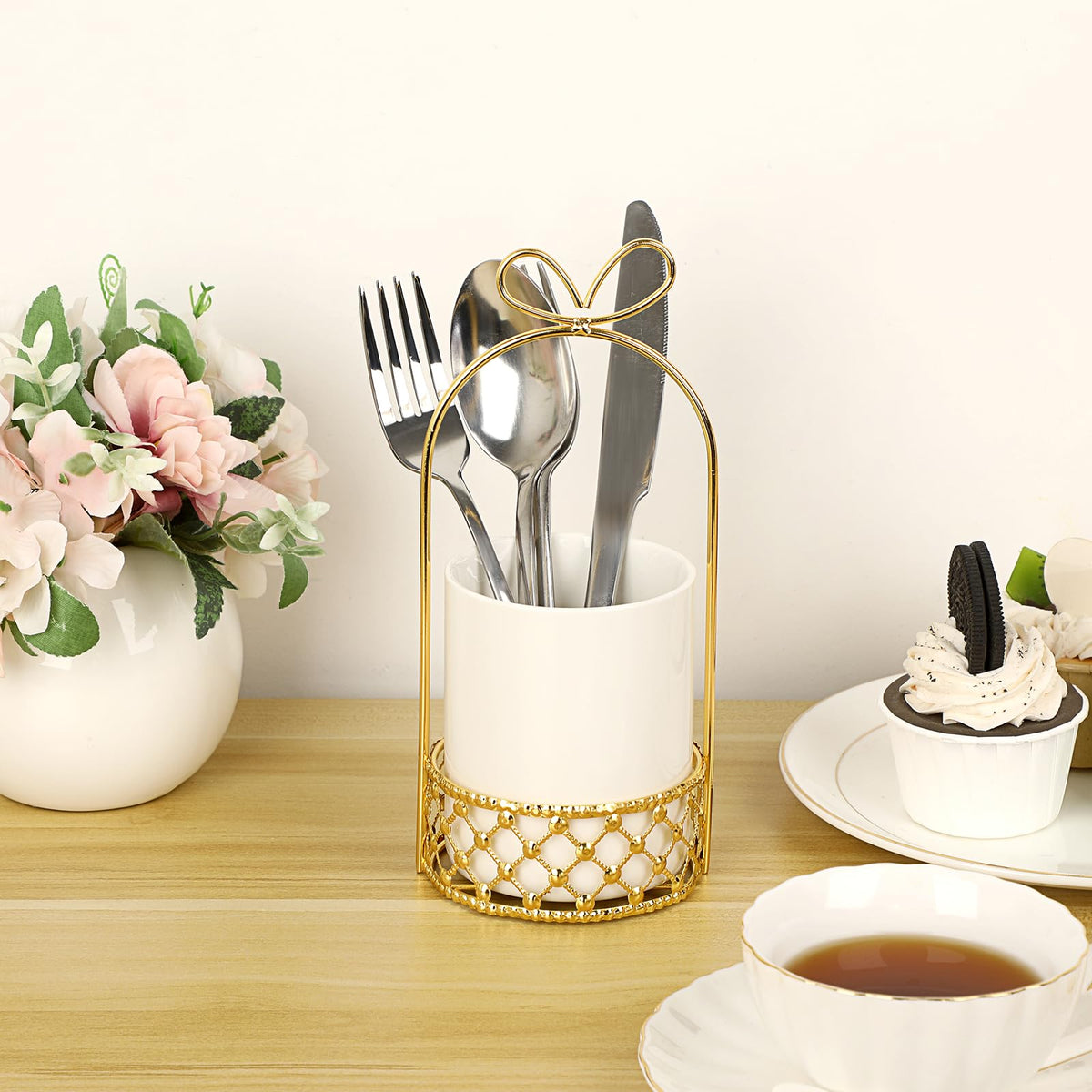 JUXYES Ceramic Silverware Holder For Tabletop, White Cutlery Holder With Golden Metal Bracket, Decorative Flatware Holder Countertop Utensil Holder Organizer for Wedding Kitchen Dining Tables