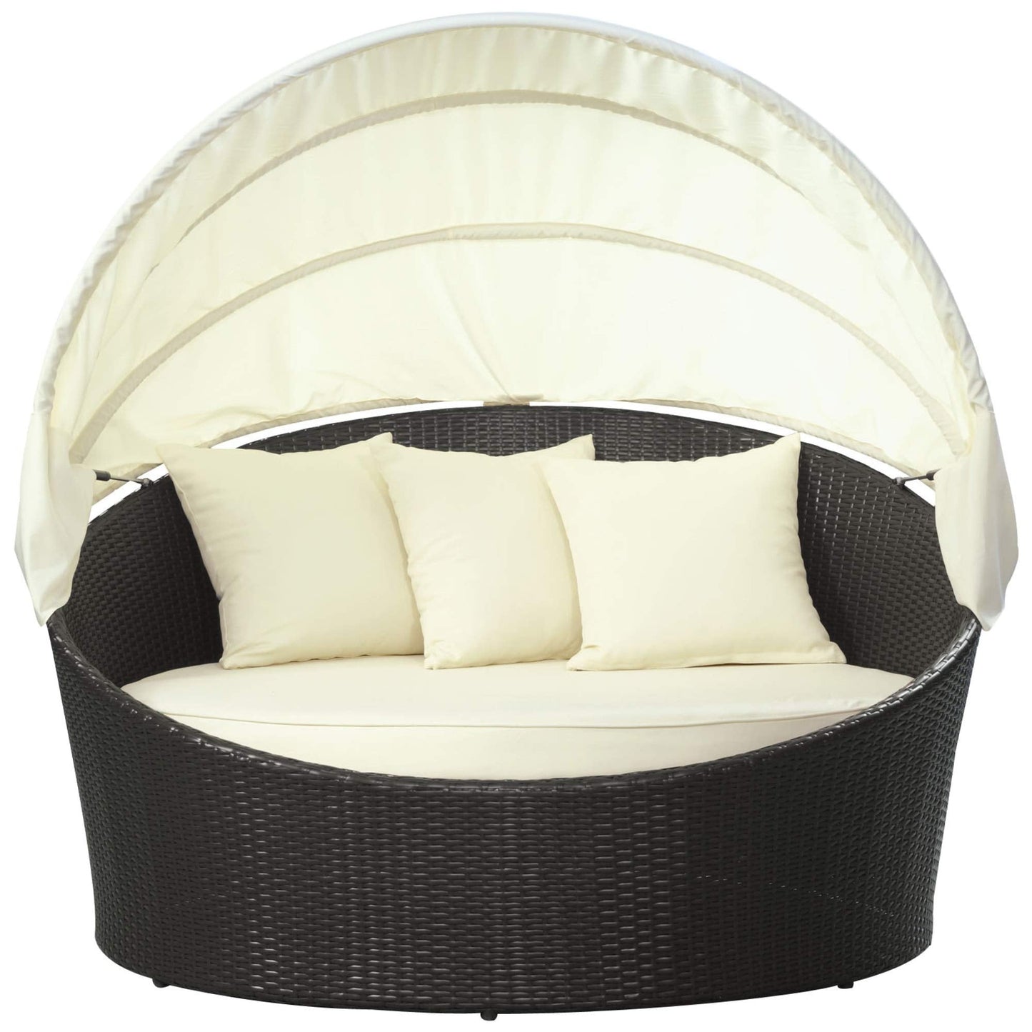 Ergode Siesta Outdoor Wicker Patio Canopy Bed | Ultimate Relaxation | All-Weather Cushion | Retractable Sun Guard | Modern Design | Includes 3 Throw Pillows