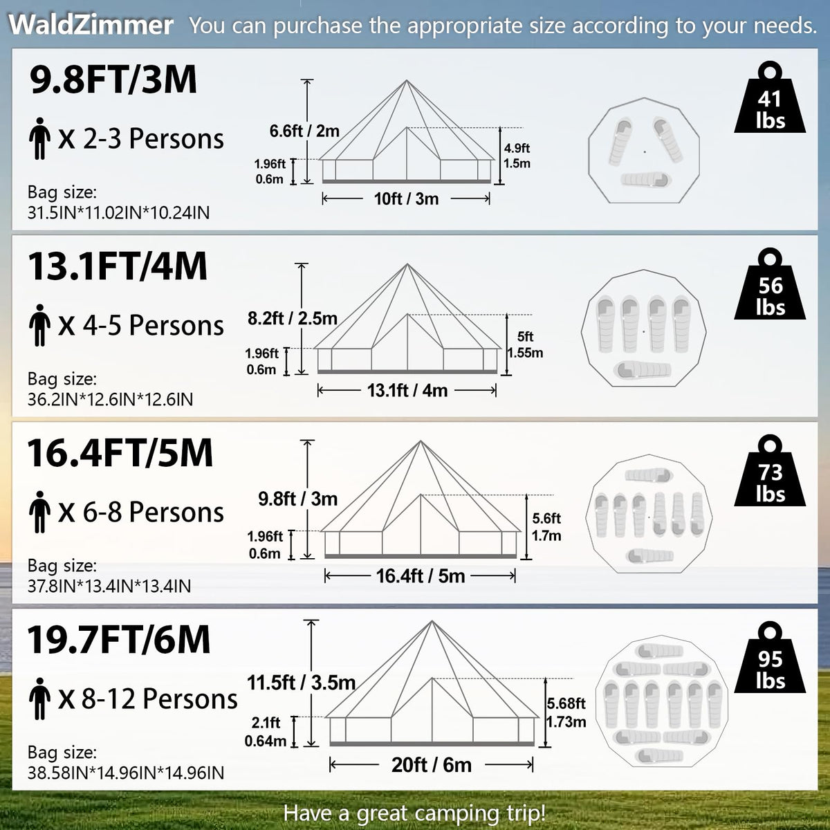 WaldZimmer Canvas Bell Tent 13.1ft Green with Pre-Cut Stove Jack, Spacious 4m Family Yurt Tent for 4-5 Person, 4 Season Water-Repellent Tents with Zipped Removable Floor for Camping and Glamping