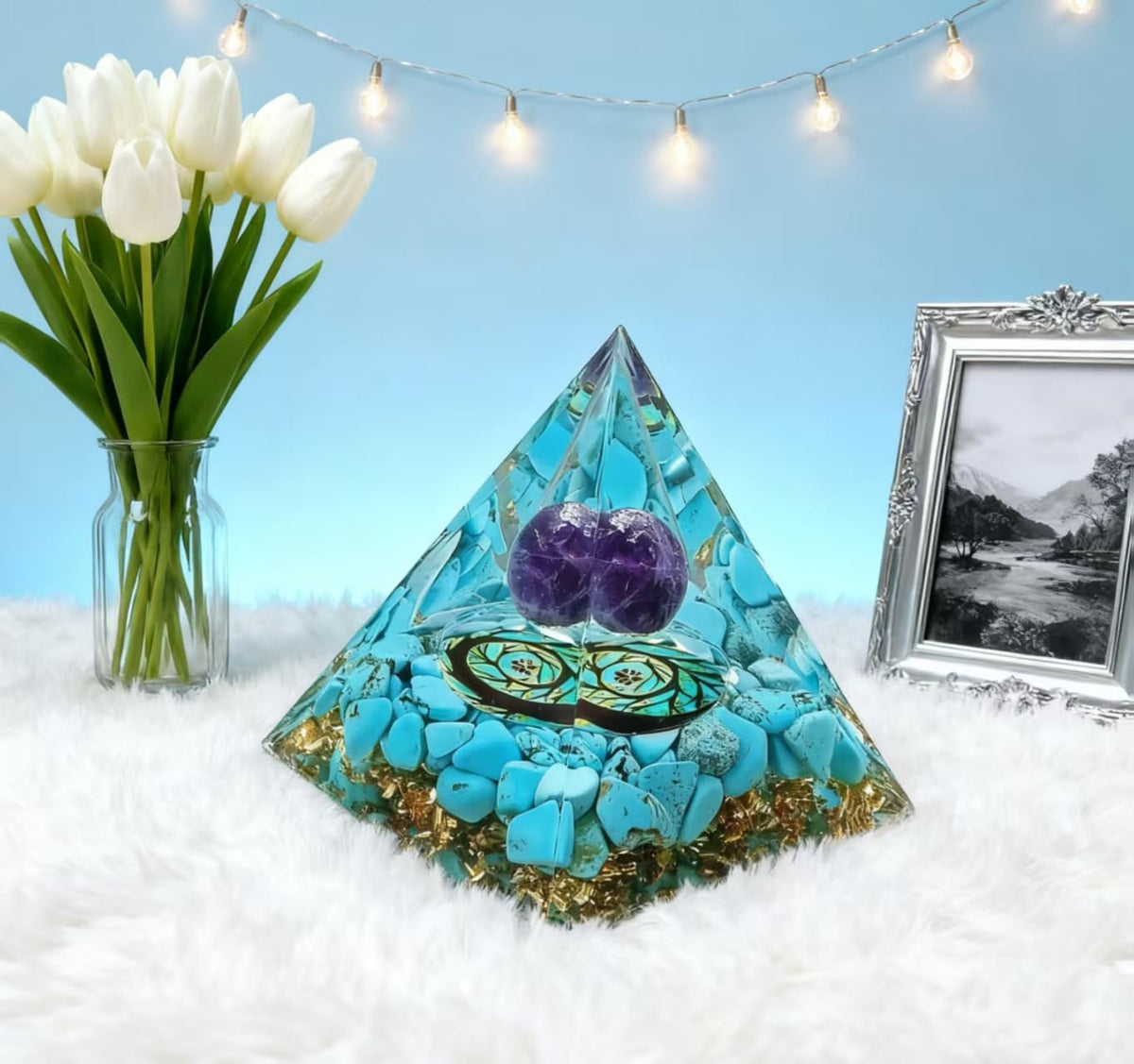 ycyingcheng Moonstone Crystal Orgone Pyramid Ogan Crystal Energy Tower, Nature Reiki Chakra Crushed Stone Jewelry, Crystal Pyramid for Home Decor (Turquoise+Amethyst Ball)