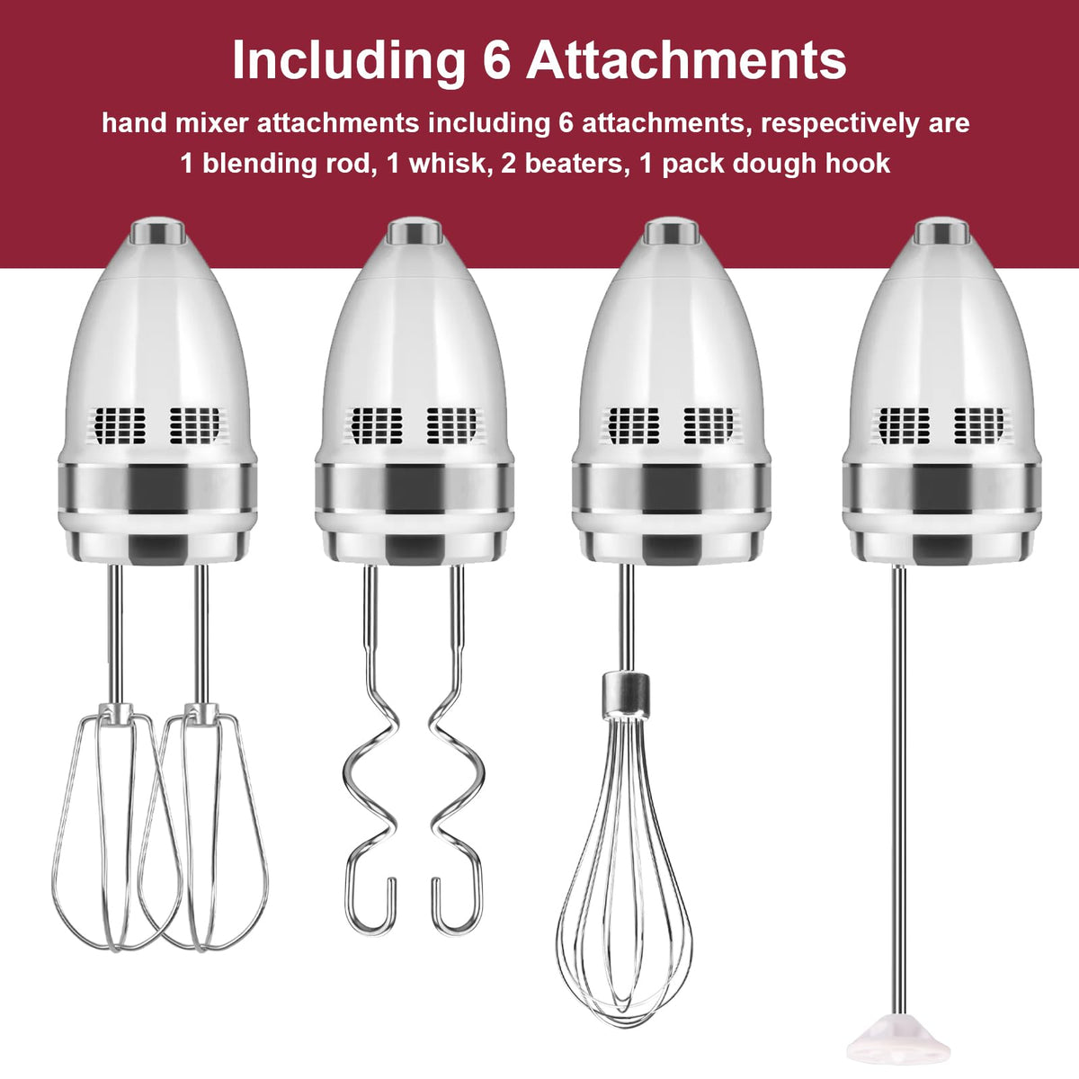 Hand Mixer Attachments Beater, Whisk, Blending Rod and Dough Hooks, Stainless Steel Hand Mixer Accessories Compatible with Kitchenaid Hand Mixers KHM3 KHM5 KHM7 KHM9, Set of 6
